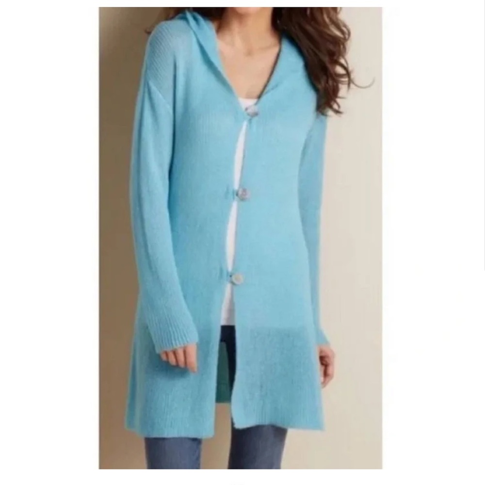 Soft Surroundings Soft Powder Blue Tunic Cardigan With Hood XLP EUC